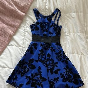 Formal Blue and Black Floral Mini Dress